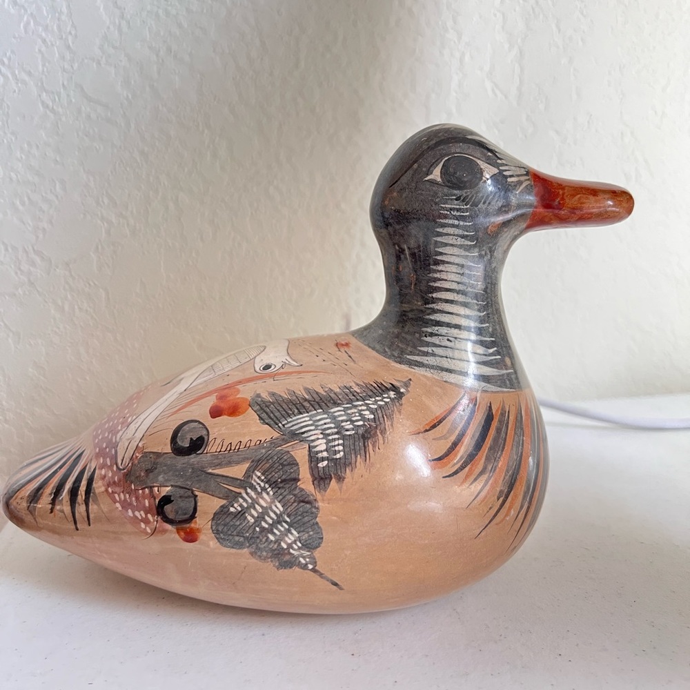 Vintage Tonala MEXICAN HAND PAINTED POTTERY CERAMIC DUCK 7” Long BEAUTIFUL
